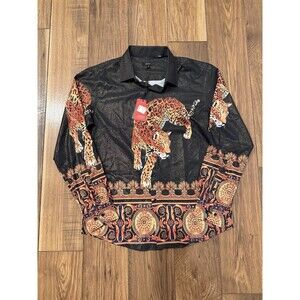 Pavini Men's Shirt M Black Gold Baroque Tiger Print Long Sleeve Button-Up NWT